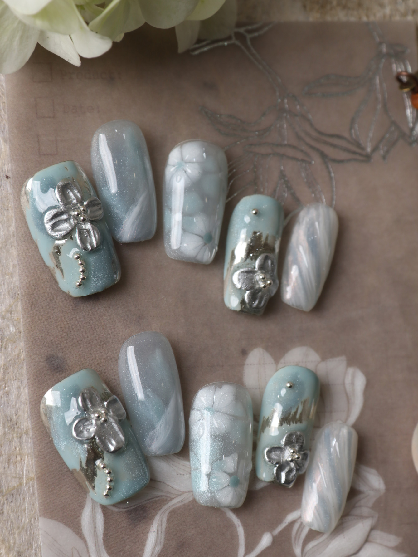 10Pcs Press on Nails Blue Whit - đánh giá và giá Pressed Flower Art
